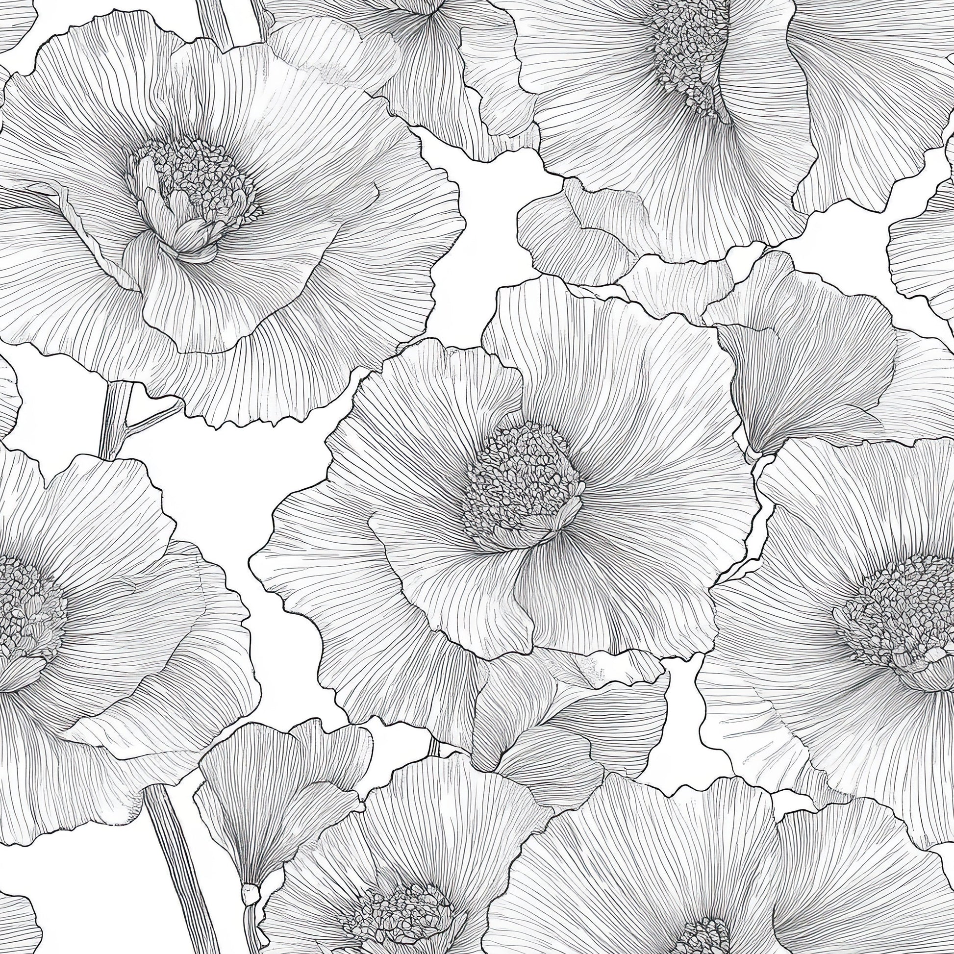 Elegant monochromatic line art floral wallpaper featuring intricate black flowers on a white background.