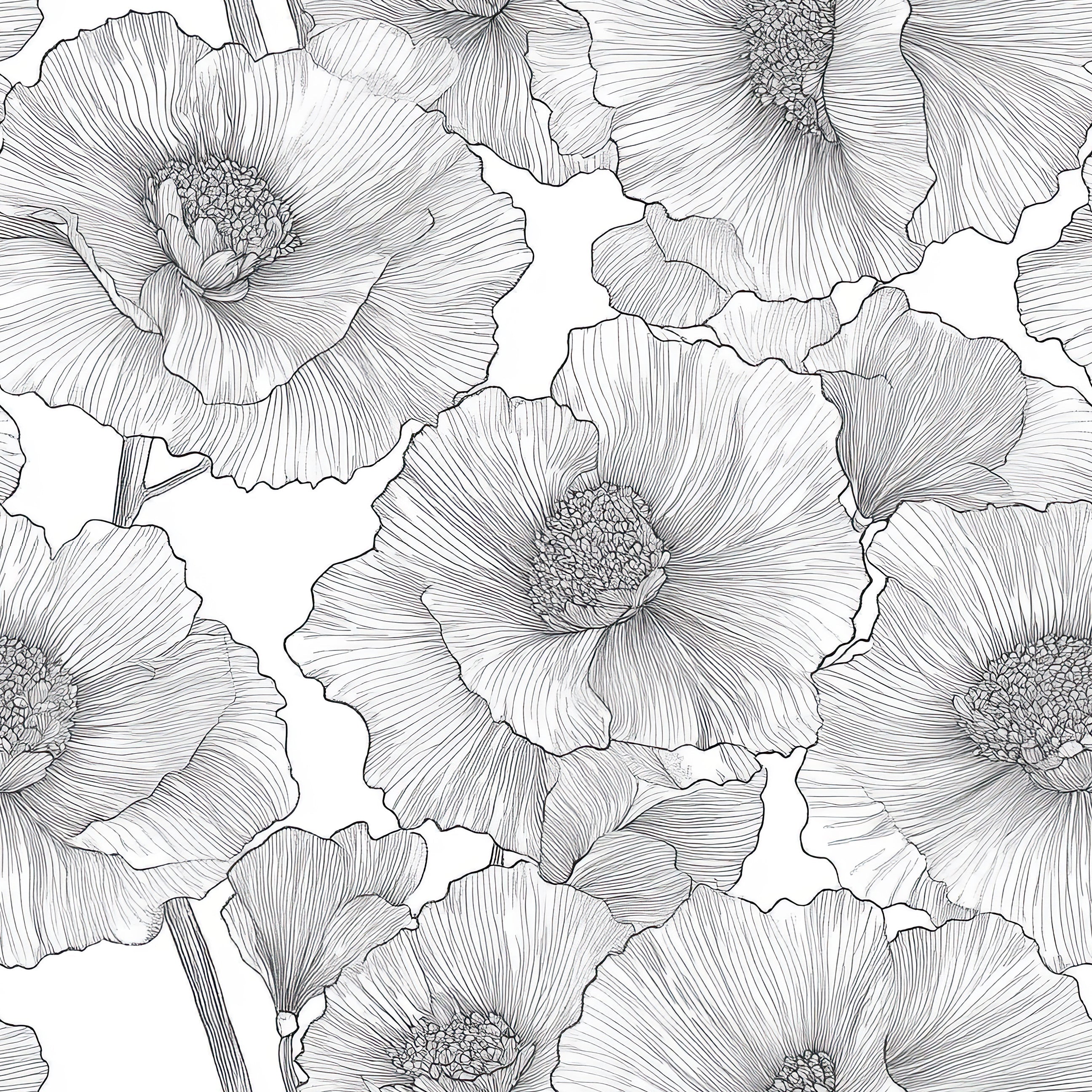 Elegant monochromatic line art floral wallpaper featuring intricate black flowers on a white background.