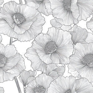 Elegant monochromatic line art floral wallpaper featuring intricate black flowers on a white background.