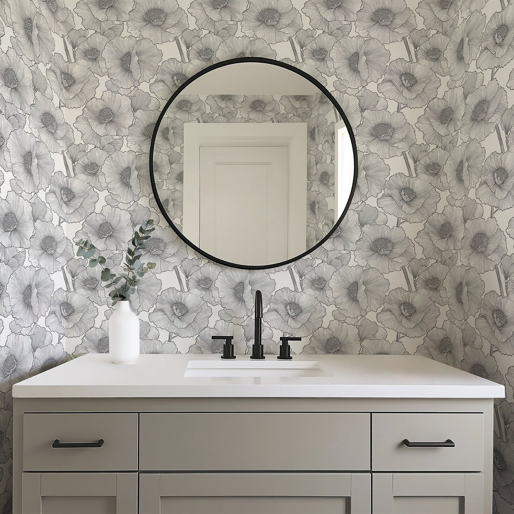 Modern bathroom with Lush Line Art Flora monochrome wallpaper featuring elegant black floral designs.