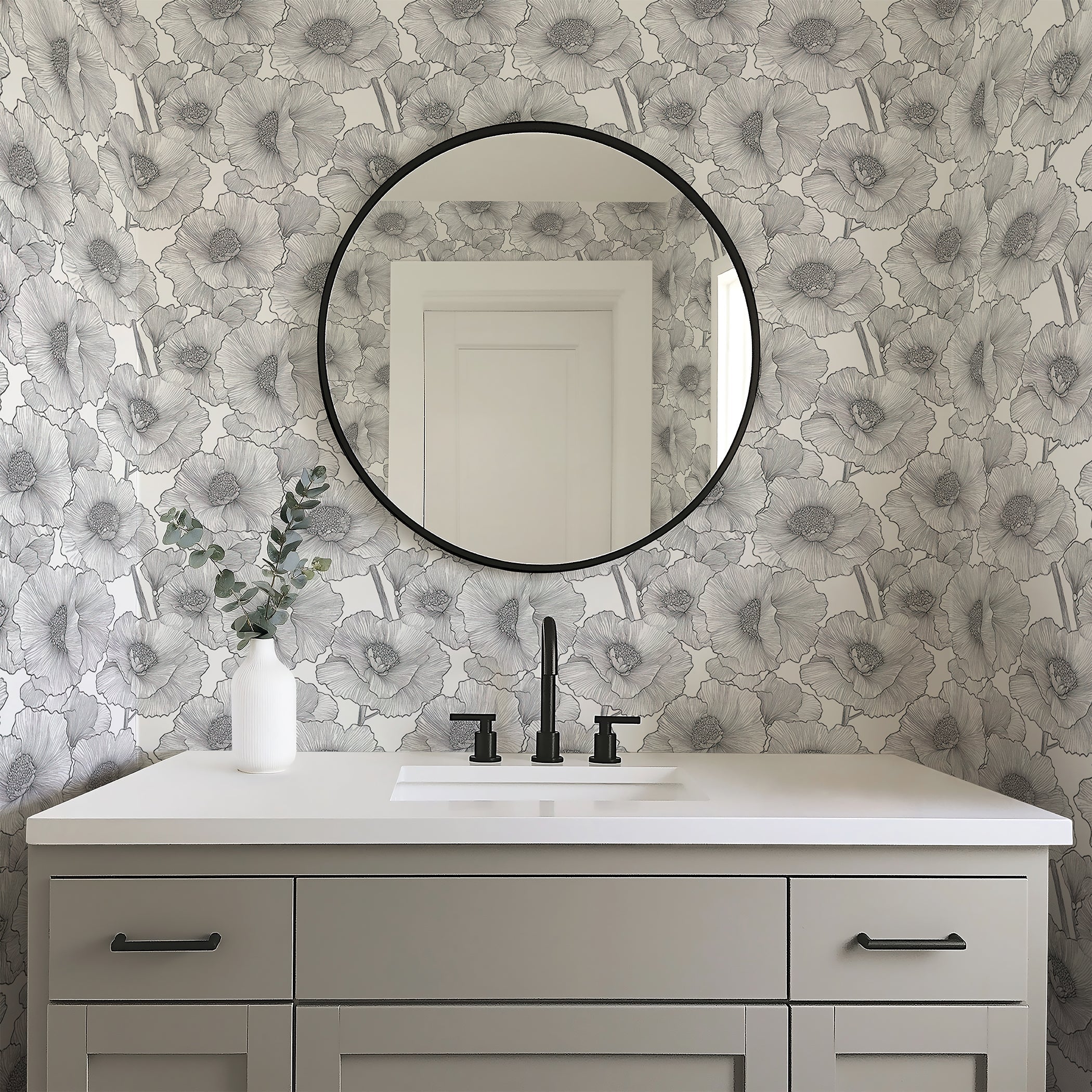 Modern bathroom with Lush Line Art Flora monochrome wallpaper featuring elegant black floral designs.