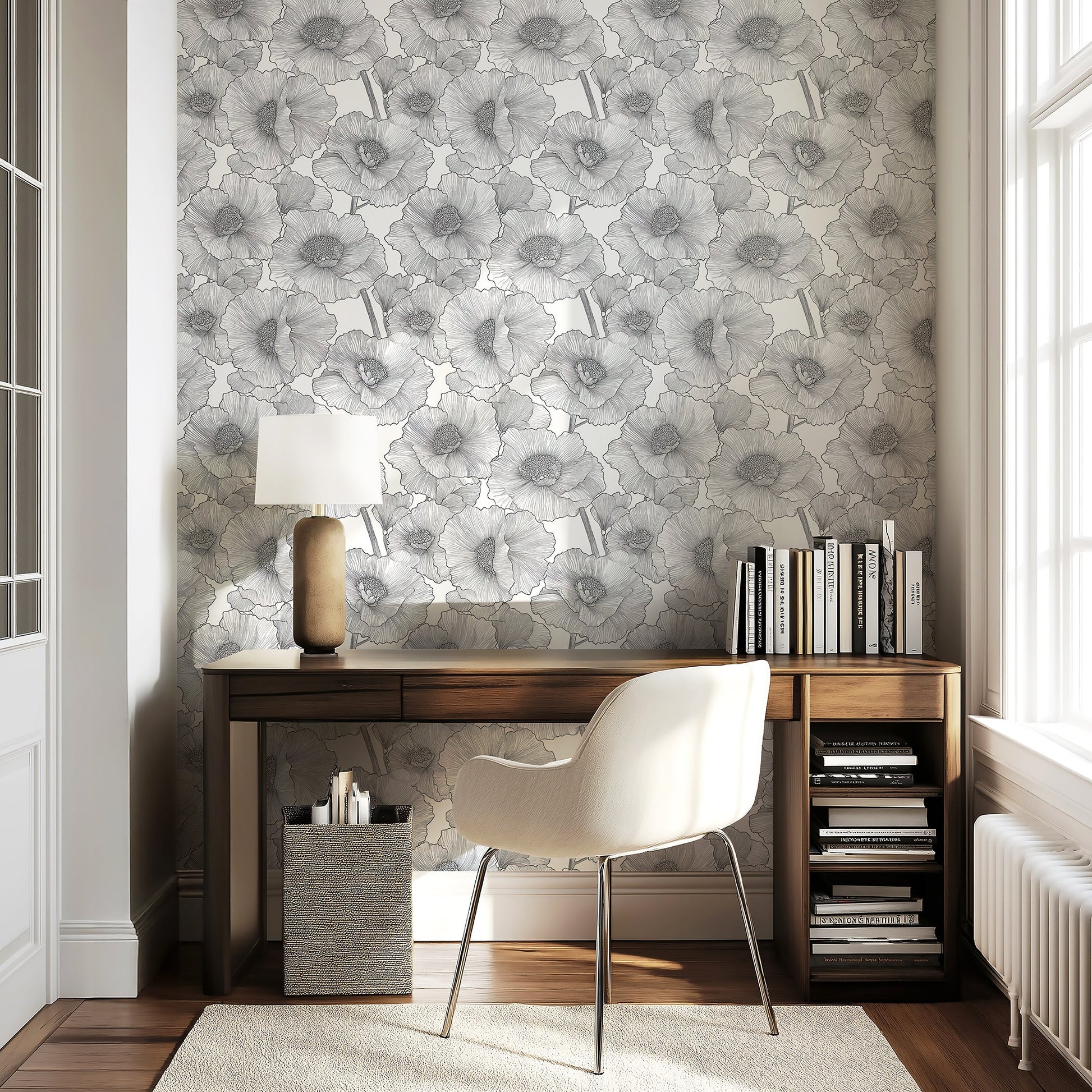 Elegant monochrome flower wallpaper in a modern office setting, featuring black and white floral designs.