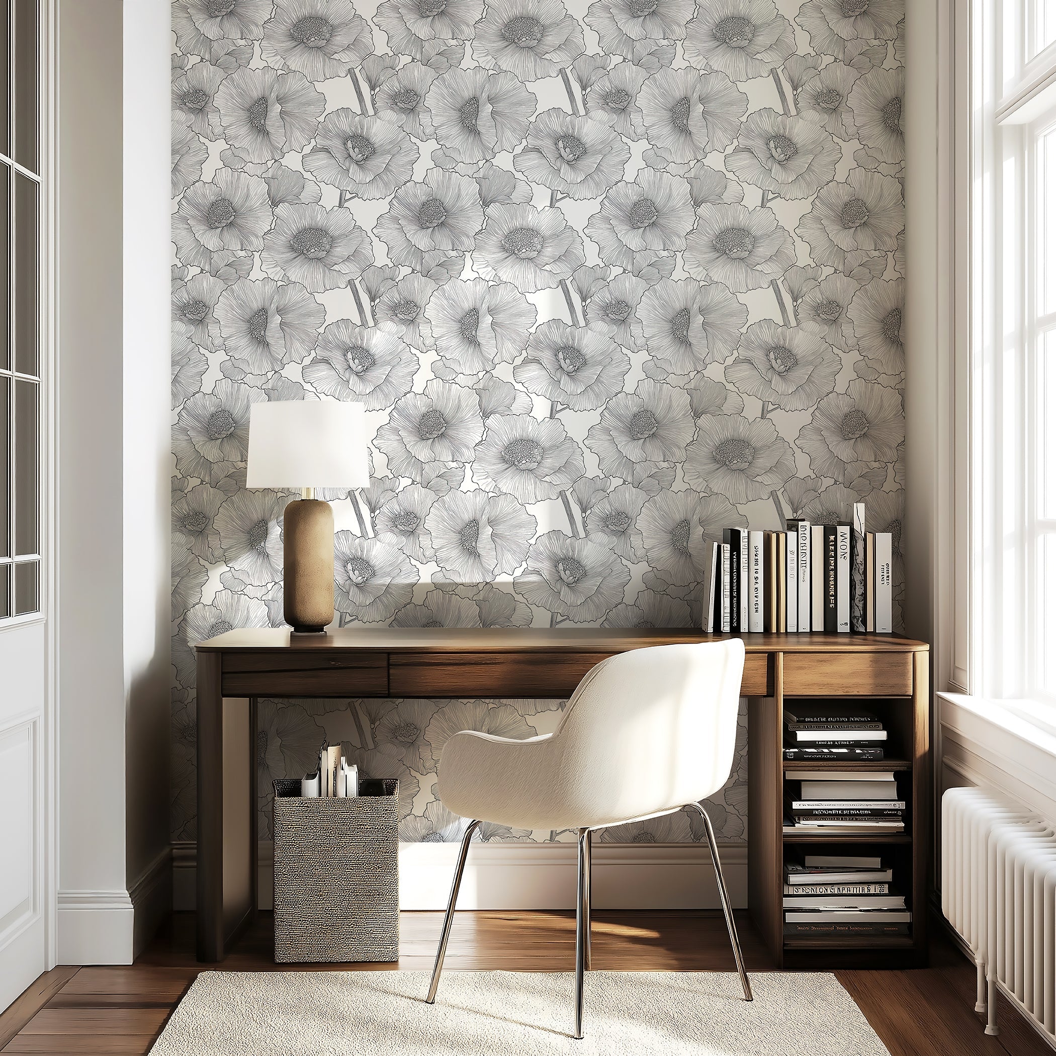 Elegant monochrome flower wallpaper in a modern office setting, featuring black and white floral designs.