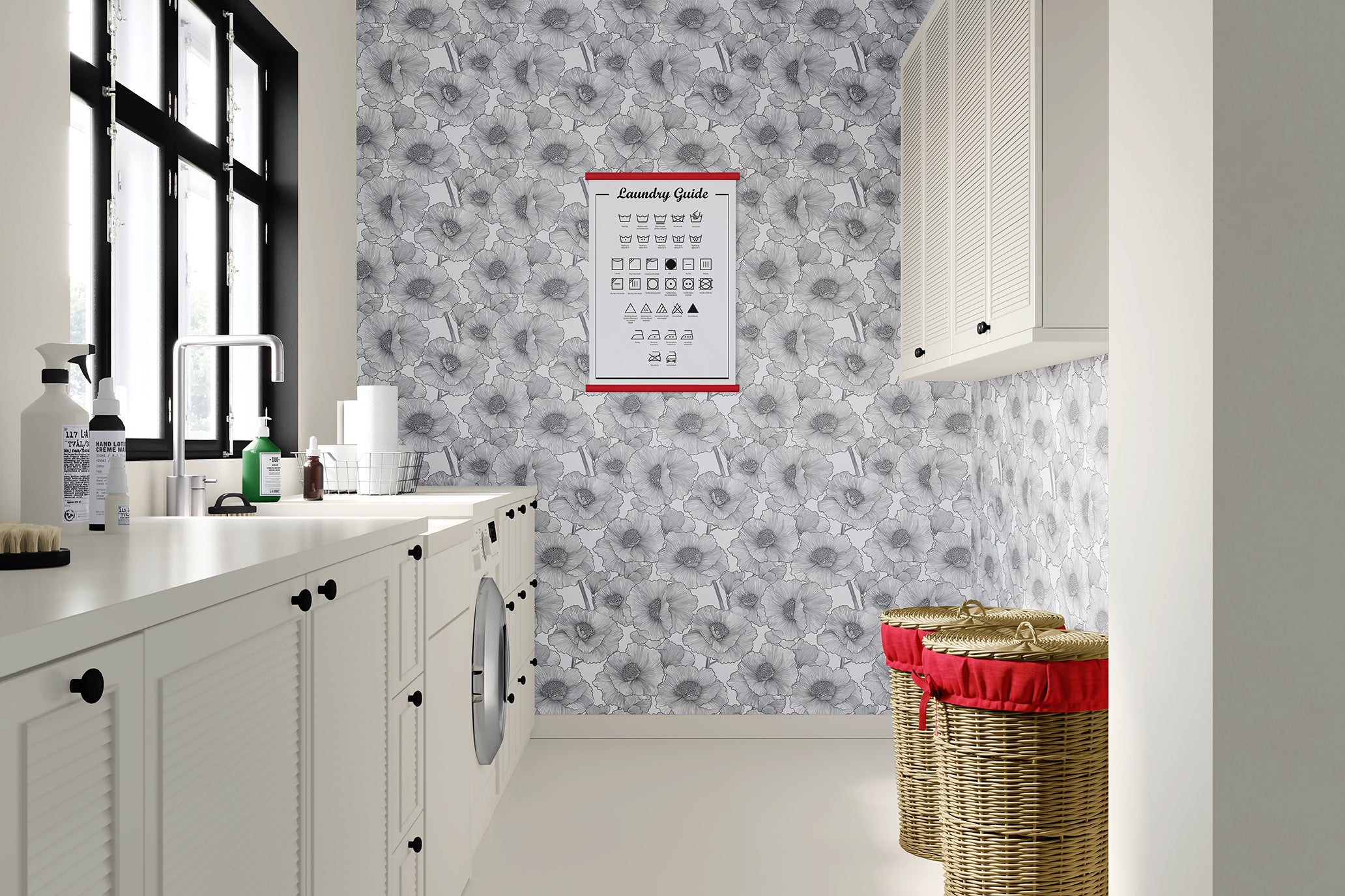 Monochrome floral wallpaper in a modern laundry room with a stylish design and utility features.