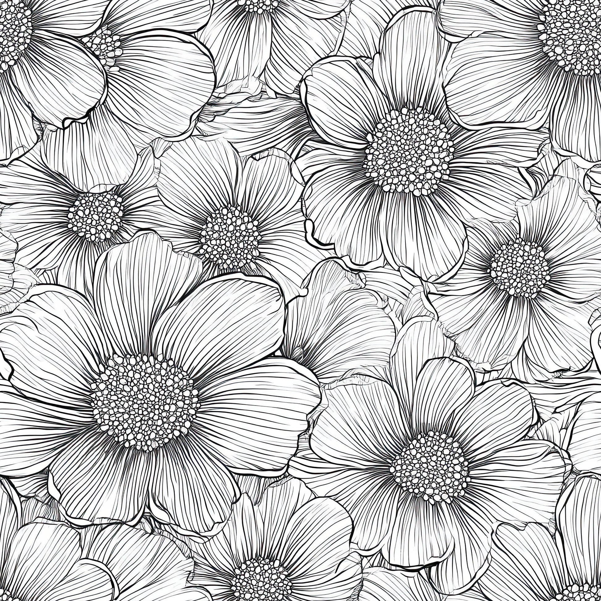 Monochromatic floral wallpaper featuring hand-drawn black and white flowers for modern interior design.