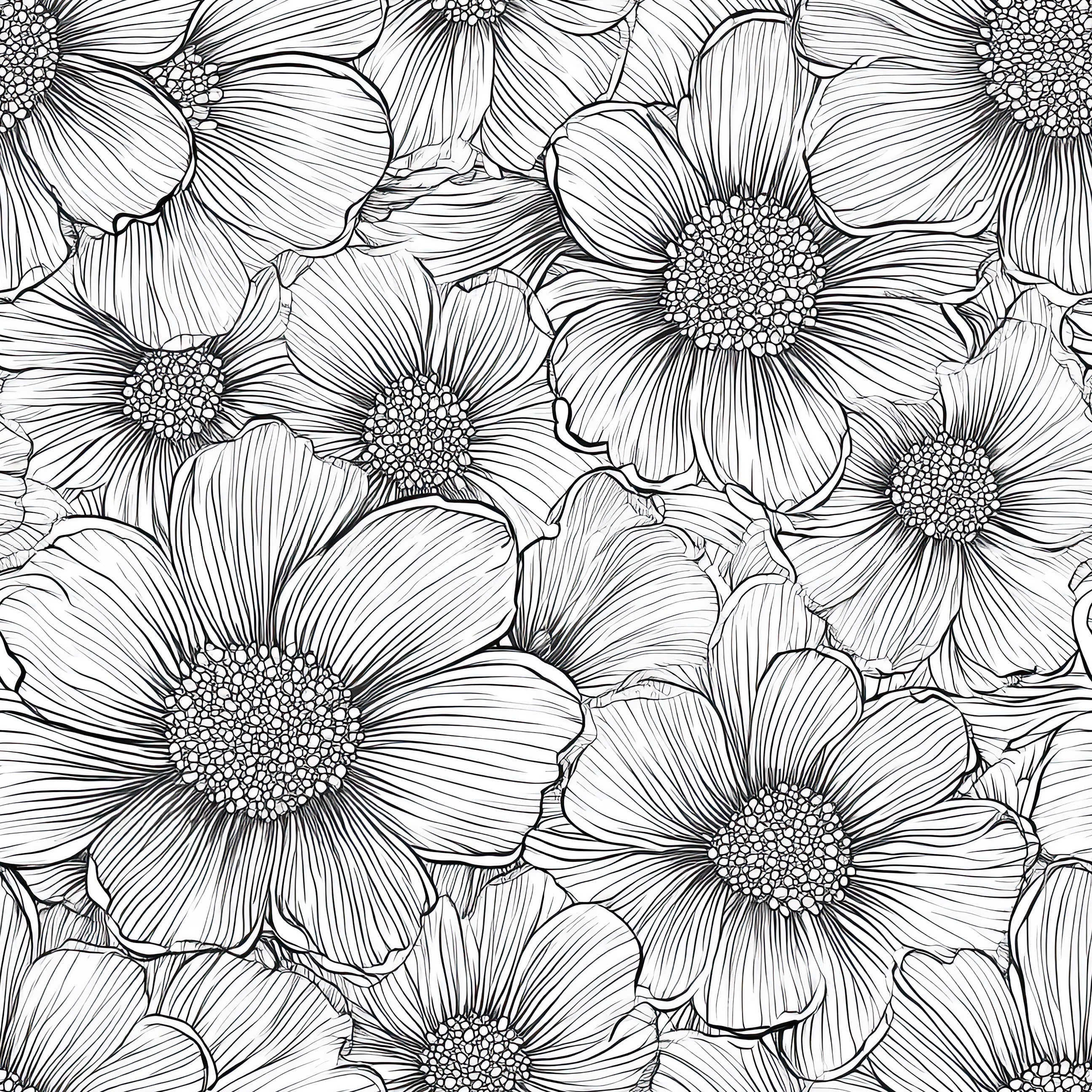 Monochromatic floral wallpaper featuring hand-drawn black and white flowers for modern interior design.