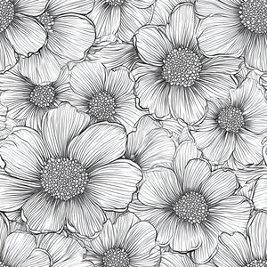 Monochromatic floral wallpaper featuring hand-drawn black and white flowers for modern interior design.