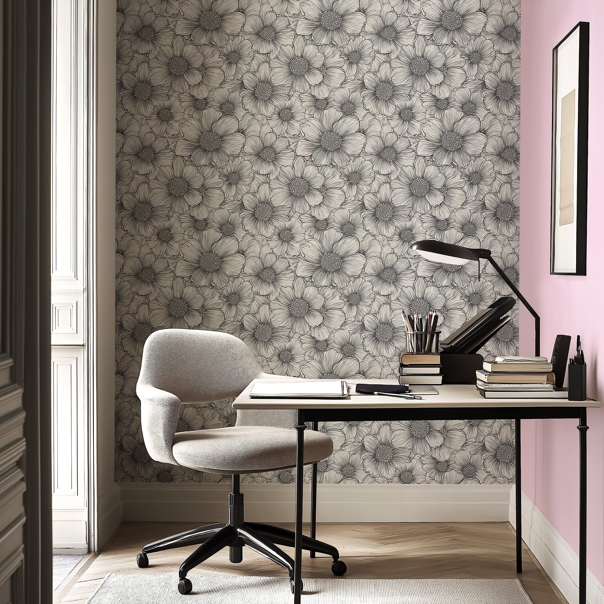 Petal Poetry black-and-white floral wallpaper in a modern workspace with a desk and chair.