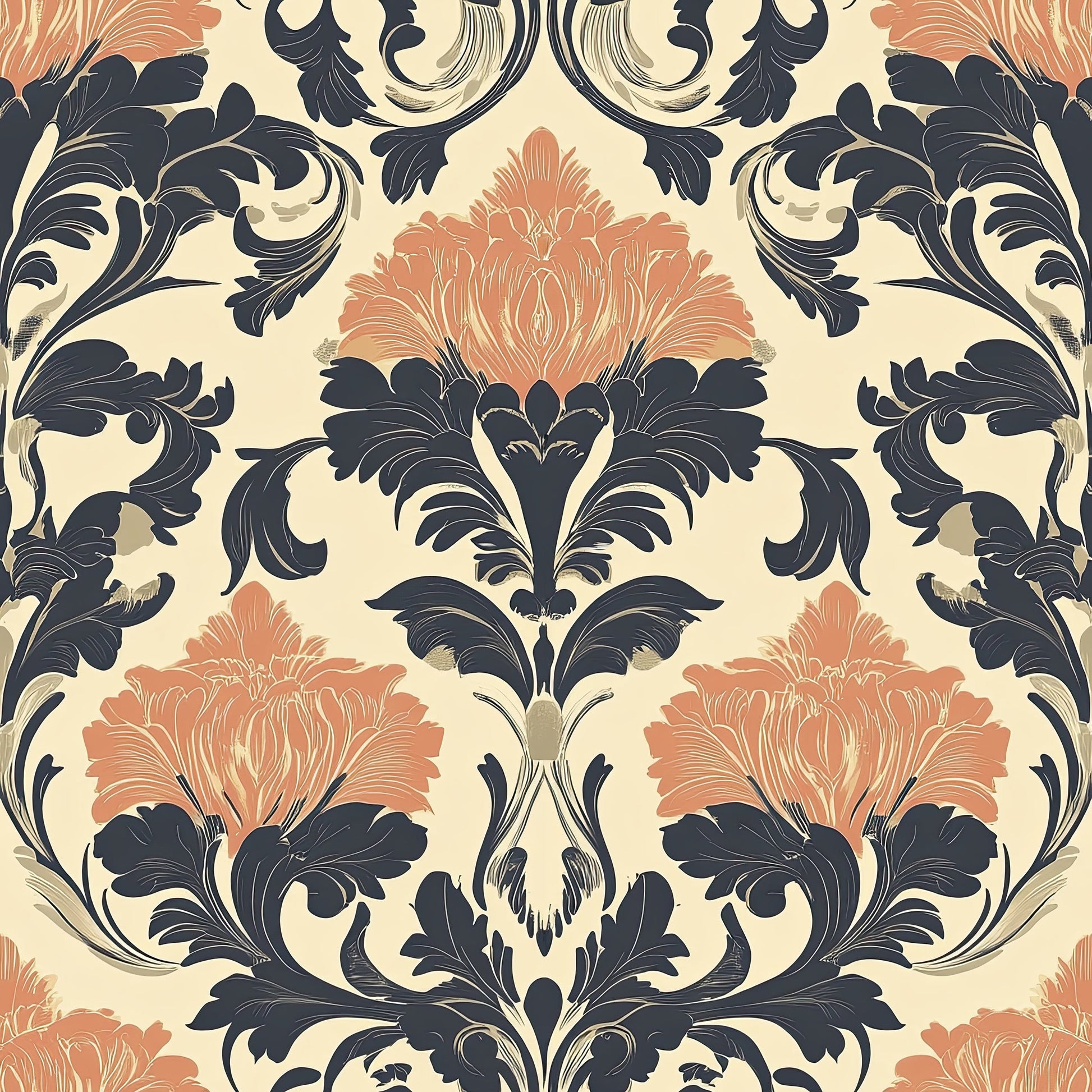 Heritage Floral Legacy damask wallpaper featuring floral patterns in navy and terracotta on a vintage cream backdrop.