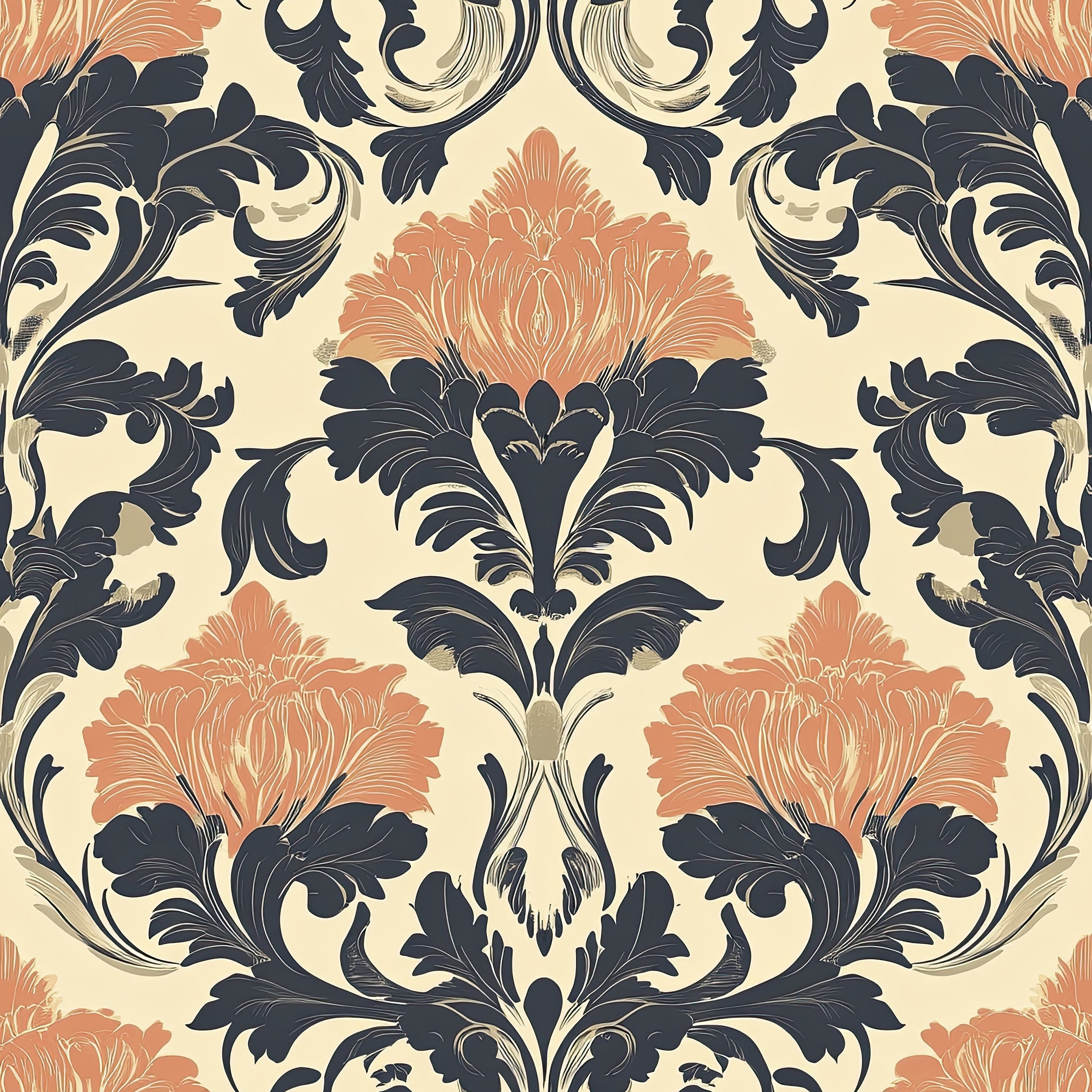 Heritage Floral Legacy damask wallpaper featuring floral patterns in navy and terracotta on a vintage cream backdrop.