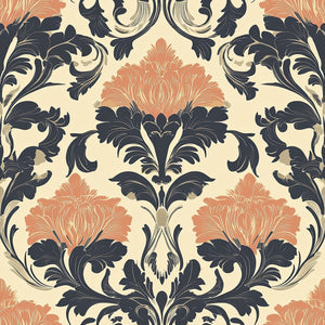 Heritage Floral Legacy damask wallpaper featuring floral patterns in navy and terracotta on a vintage cream backdrop.