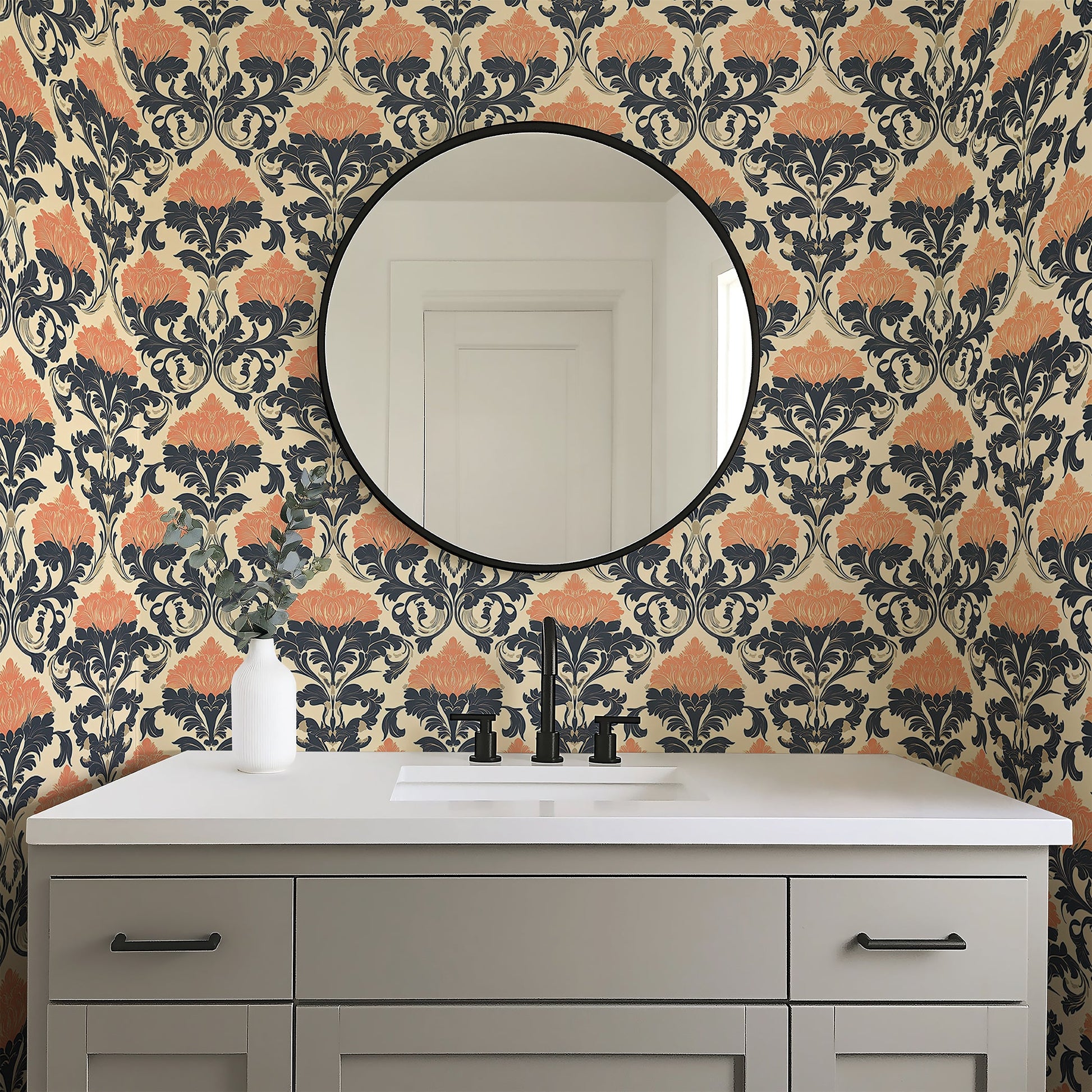 Heritage Floral Legacy wallpaper featuring damask design in navy and terracotta with a modern bathroom vanity and round mirror.