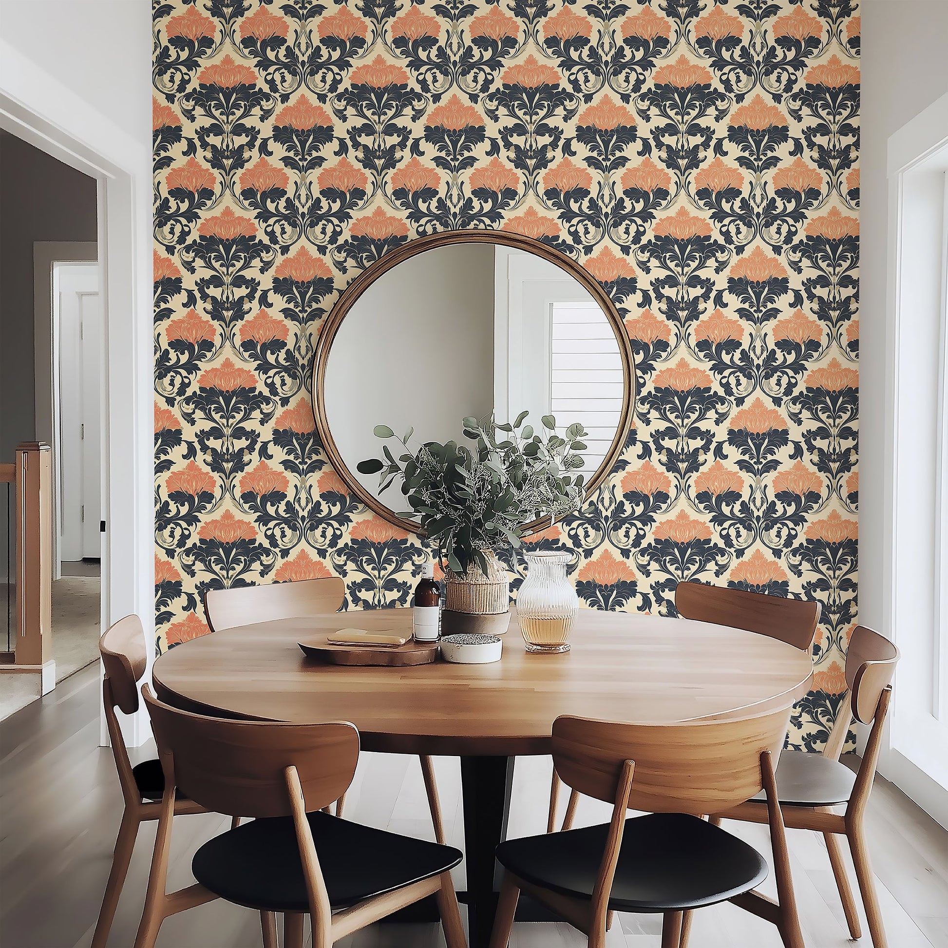 Heritage Floral Legacy damask wallpaper in deep navy and terracotta adorns a vintage cream wall in a dining area.