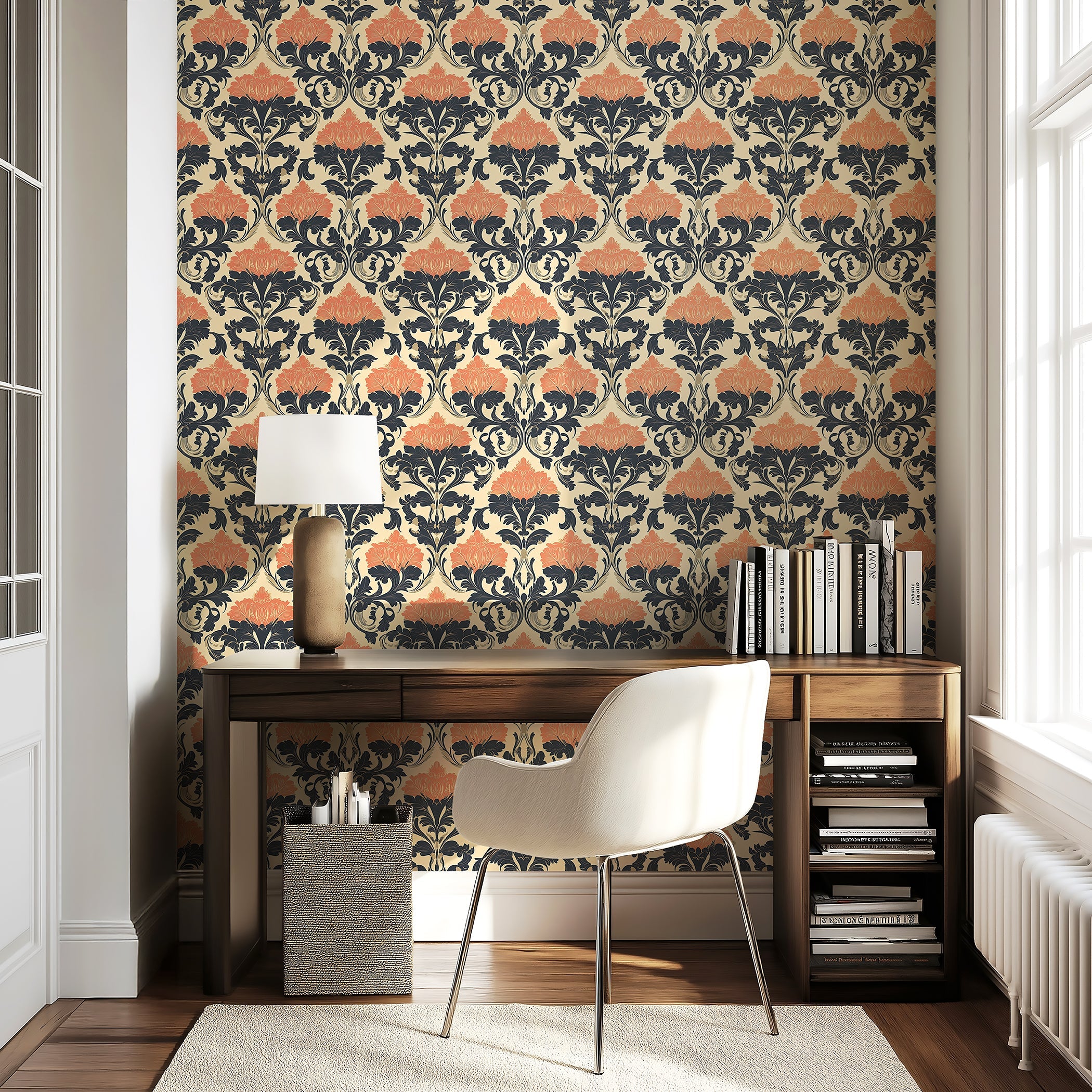 Heritage Floral Legacy damask wallpaper featuring navy and terracotta floral design in a cozy workspace.