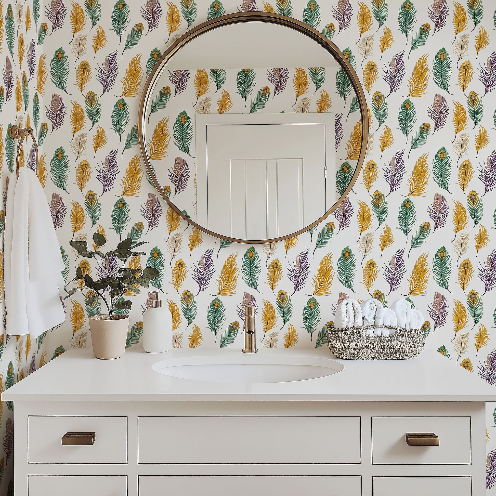 Feather Fantasy wallpaper featuring vibrant peacock feathers in mustard, emerald, violet, and soft taupe colors in a bathroom.