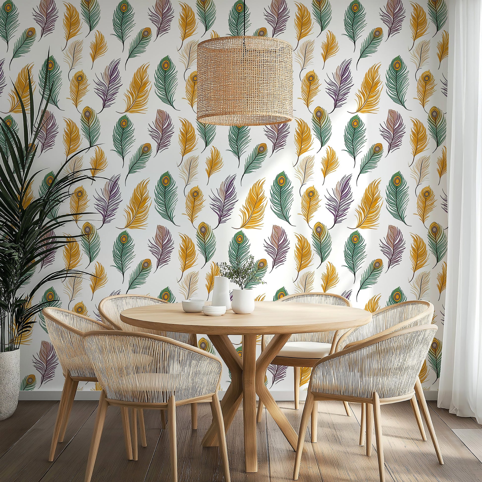 Feather Fantasy wallpaper featuring vibrant peacock feathers in mustard, emerald, and violet, enhancing a stylish dining area.