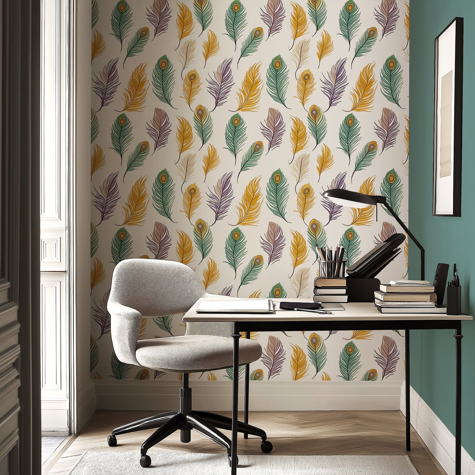 A stylish home office featuring 'Feather Fantasy' wallpaper with peacock feathers in mustard, green, violet, and taupe shades.