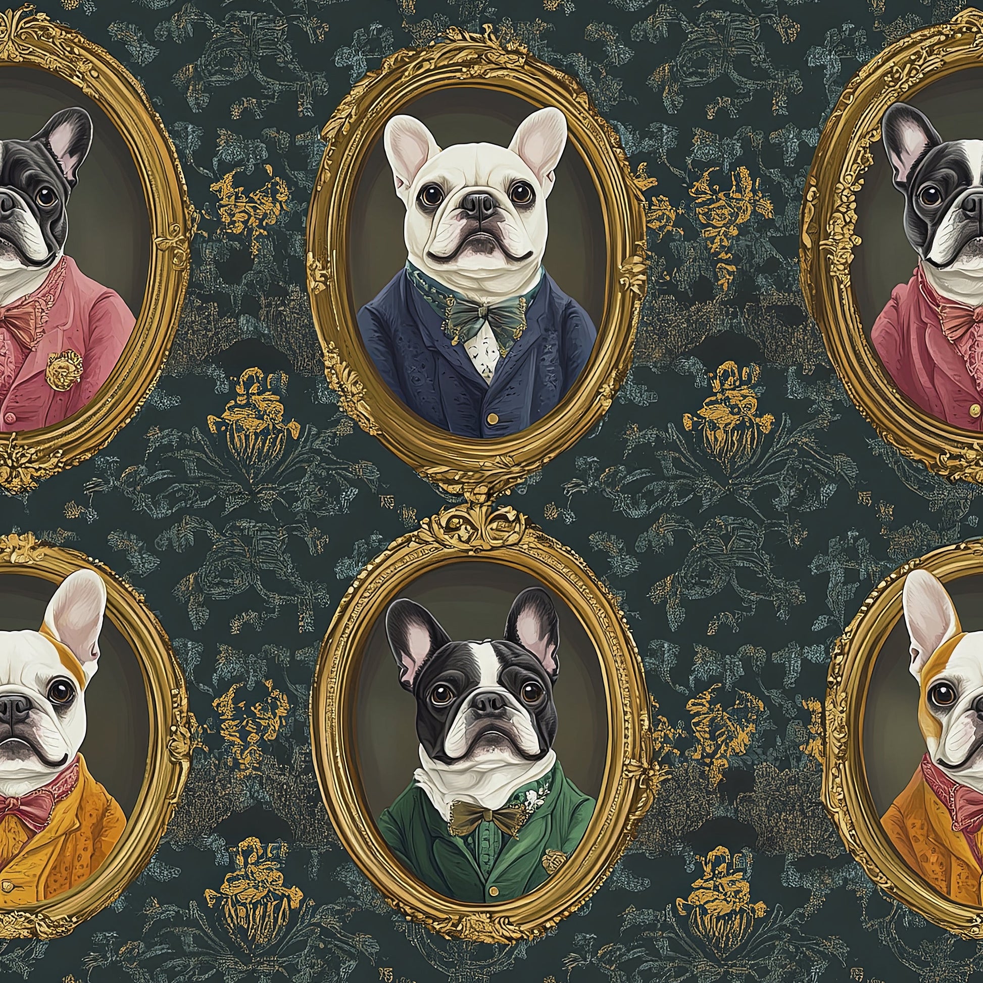 Victorian-style wallpaper featuring French Bulldogs in ornate frames on a textured damask background.