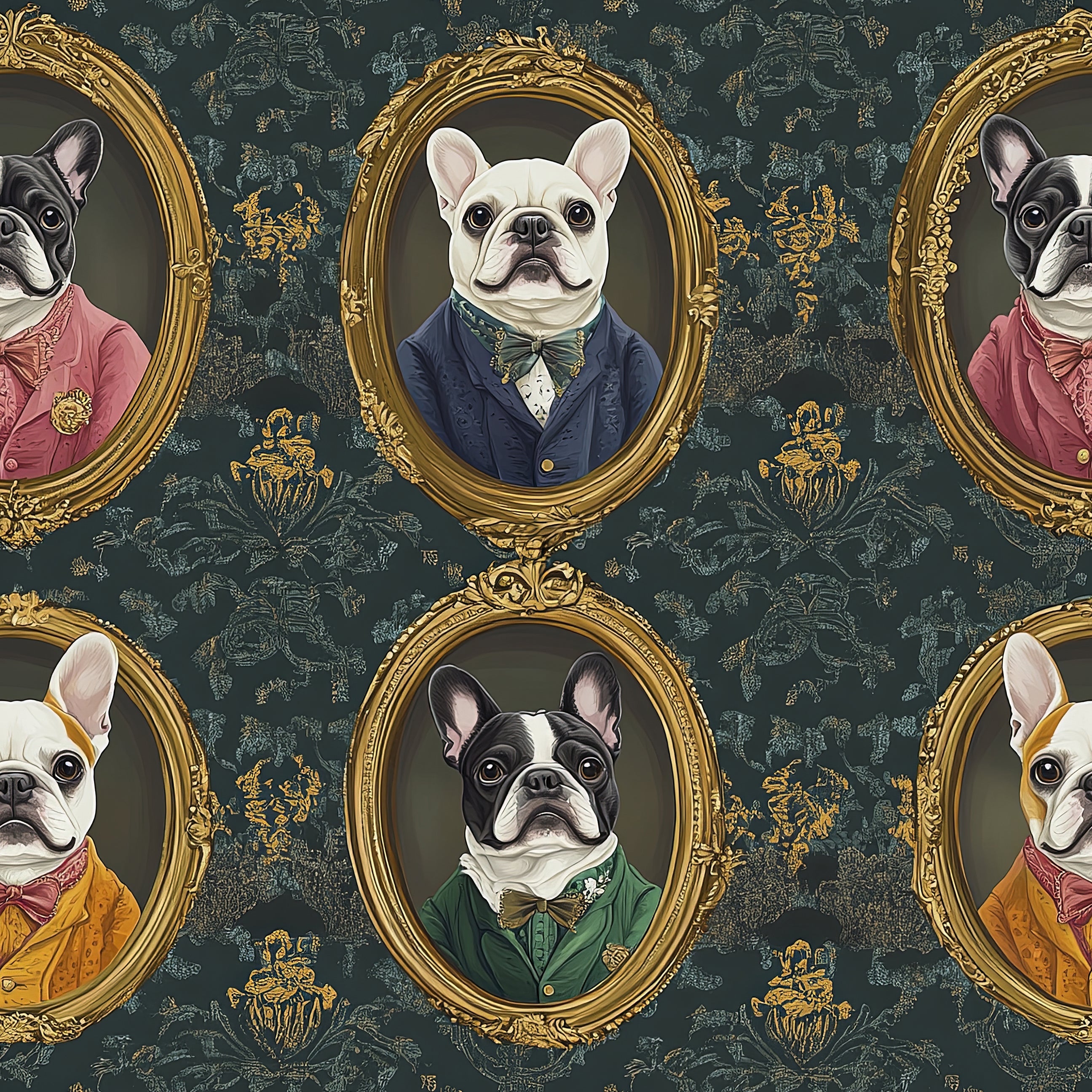 Victorian-style wallpaper featuring French Bulldogs in ornate frames on a textured damask background.