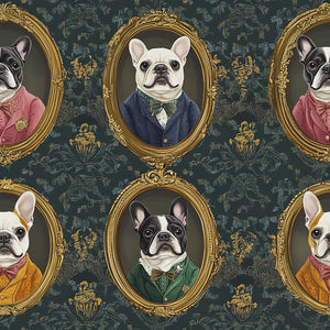 Victorian-style wallpaper featuring French Bulldogs in ornate frames on a textured damask background.