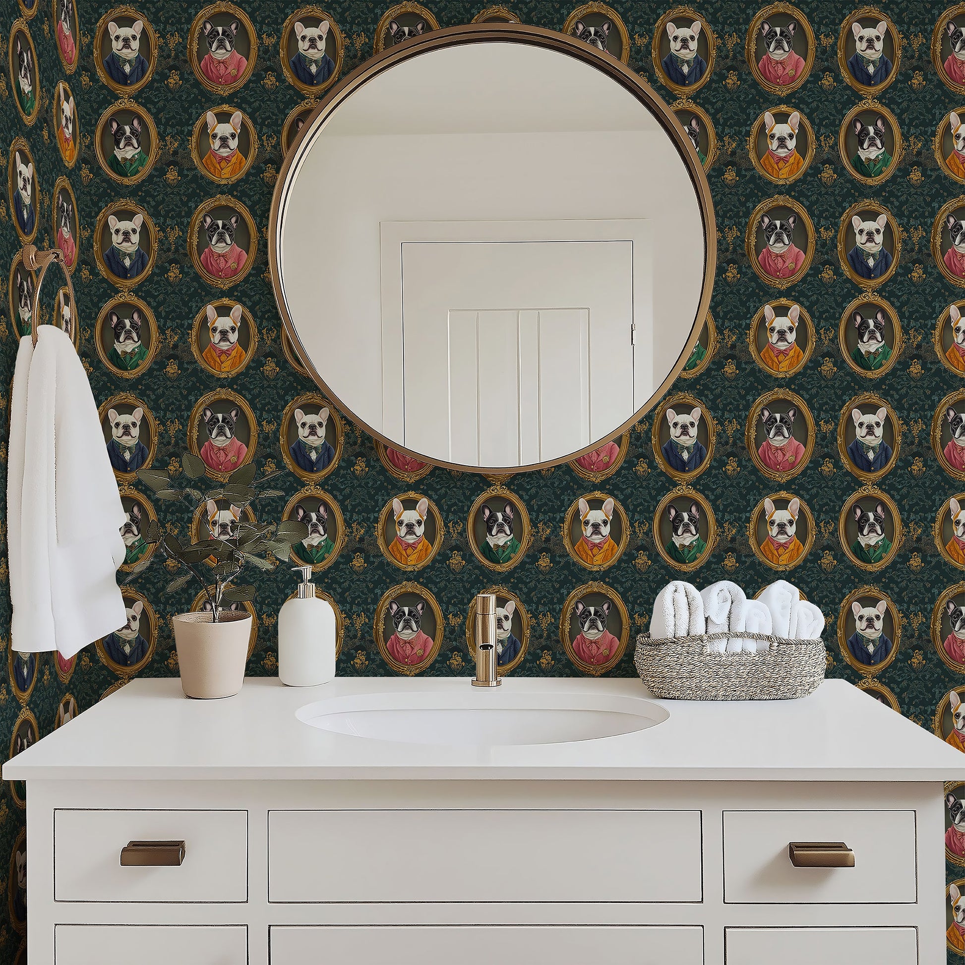 Victorian-style French Bulldogs wallpaper in a modern bathroom with round mirror and white vanity.
