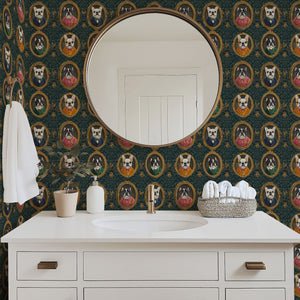 Victorian-style French Bulldogs wallpaper in a modern bathroom with round mirror and white vanity.