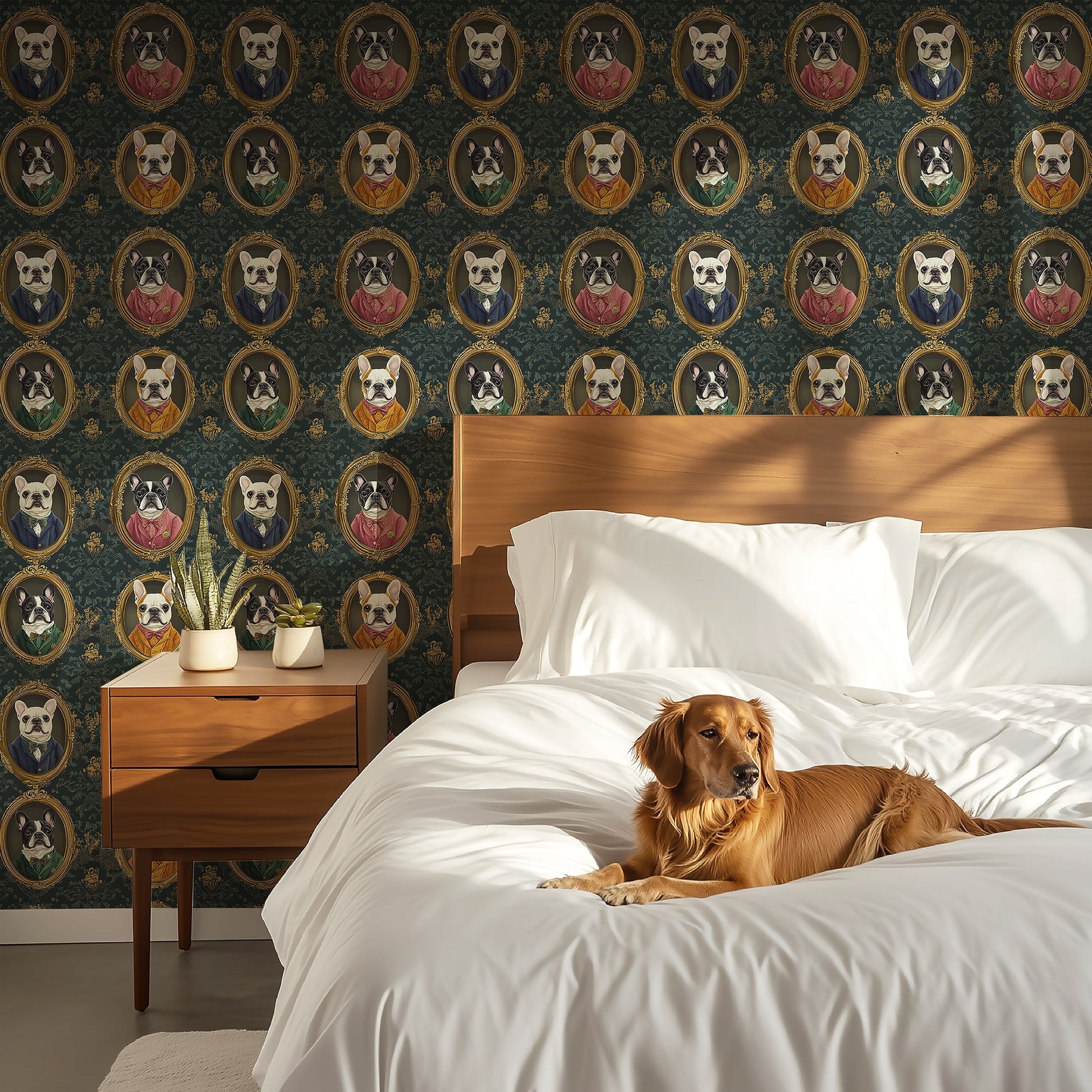 French Bulldogs wallpaper featuring dog portraits in Victorian frames, enhancing a stylish bedroom decor.