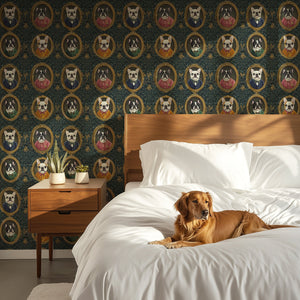 French Bulldogs wallpaper featuring dog portraits in Victorian frames, enhancing a stylish bedroom decor.
