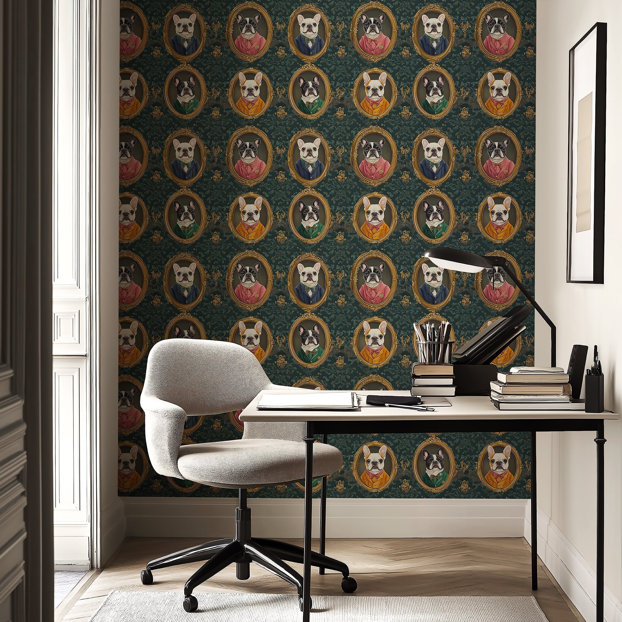 Victorian French Bulldogs wallpaper featuring portraits in golden frames against a textured damask background.