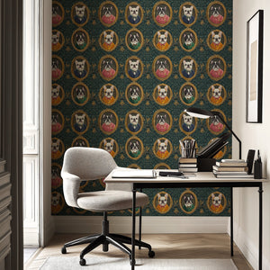 Victorian French Bulldogs wallpaper featuring portraits in golden frames against a textured damask background.