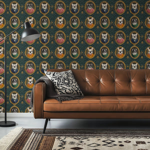 Victorian-style wallpaper featuring French Bulldogs in ornate frames, complementing a modern living space.