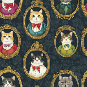 Victorian Cat Gallery wallpaper featuring regal cats in ornate frames, perfect for modern art lovers and pet enthusiasts.