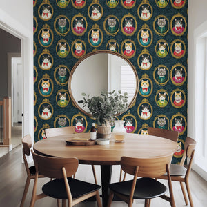 Victorian Cat Gallery wallpaper featuring refined cats in portraits, enhancing a modern dining space with playful charm.