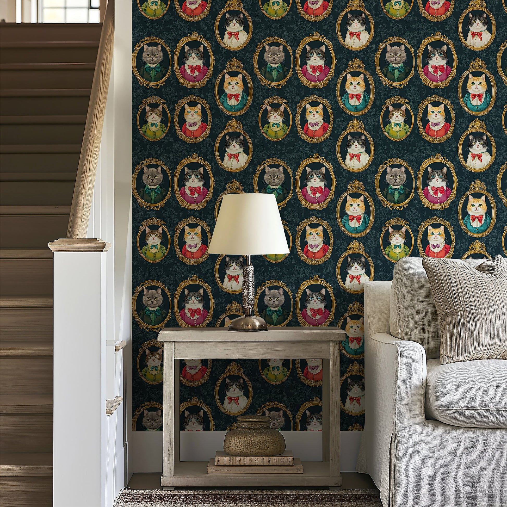 Victorian Cat Gallery wallpaper featuring refined cats in portraits on a patterned damask backdrop, ideal for home decor.