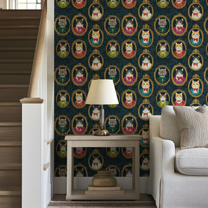 Victorian Cat Gallery wallpaper featuring refined cats in portraits on a patterned damask backdrop, ideal for home decor.