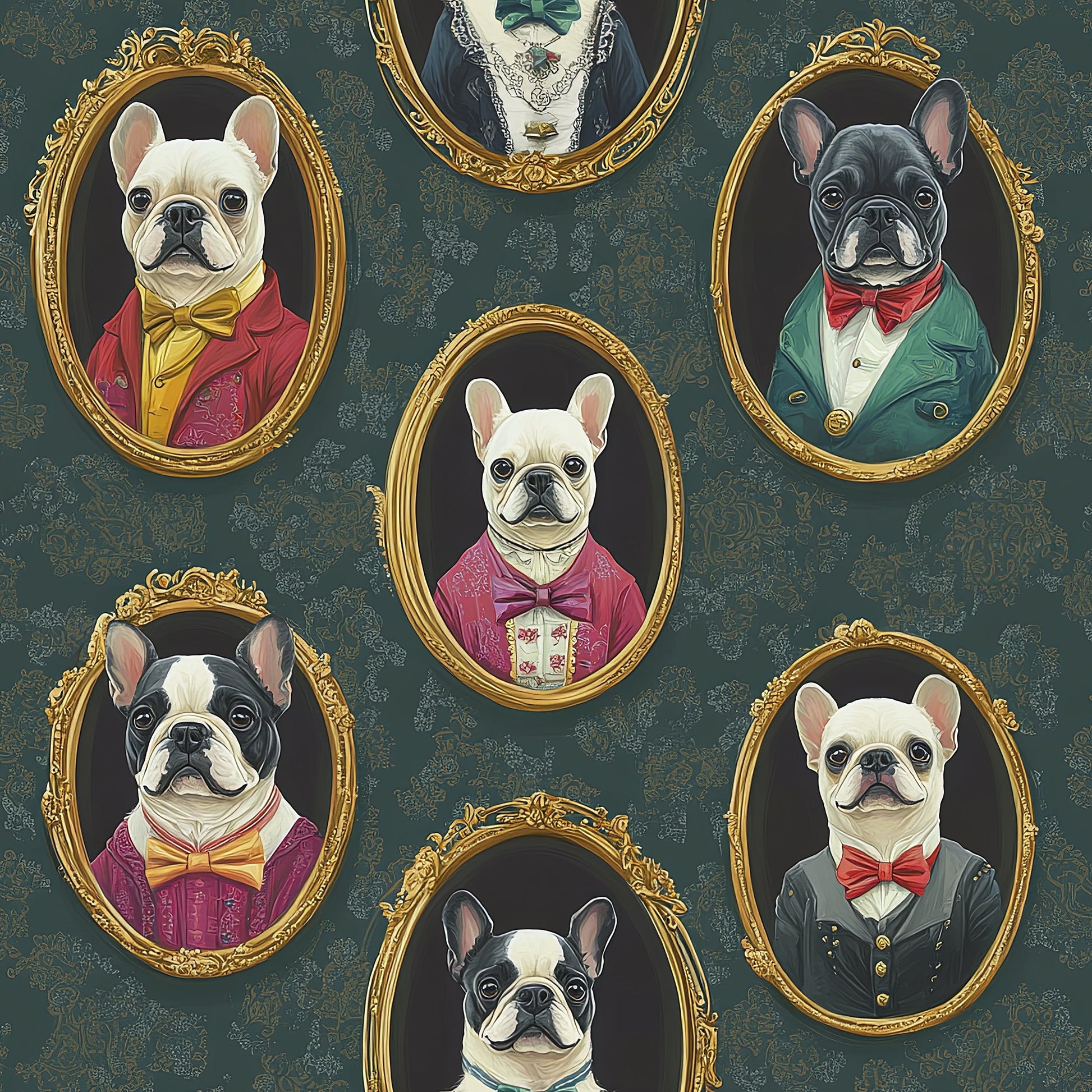 Whimsical Victorian wallpaper featuring stylish French Bulldogs in ornate frames, perfect for modern pet lovers.