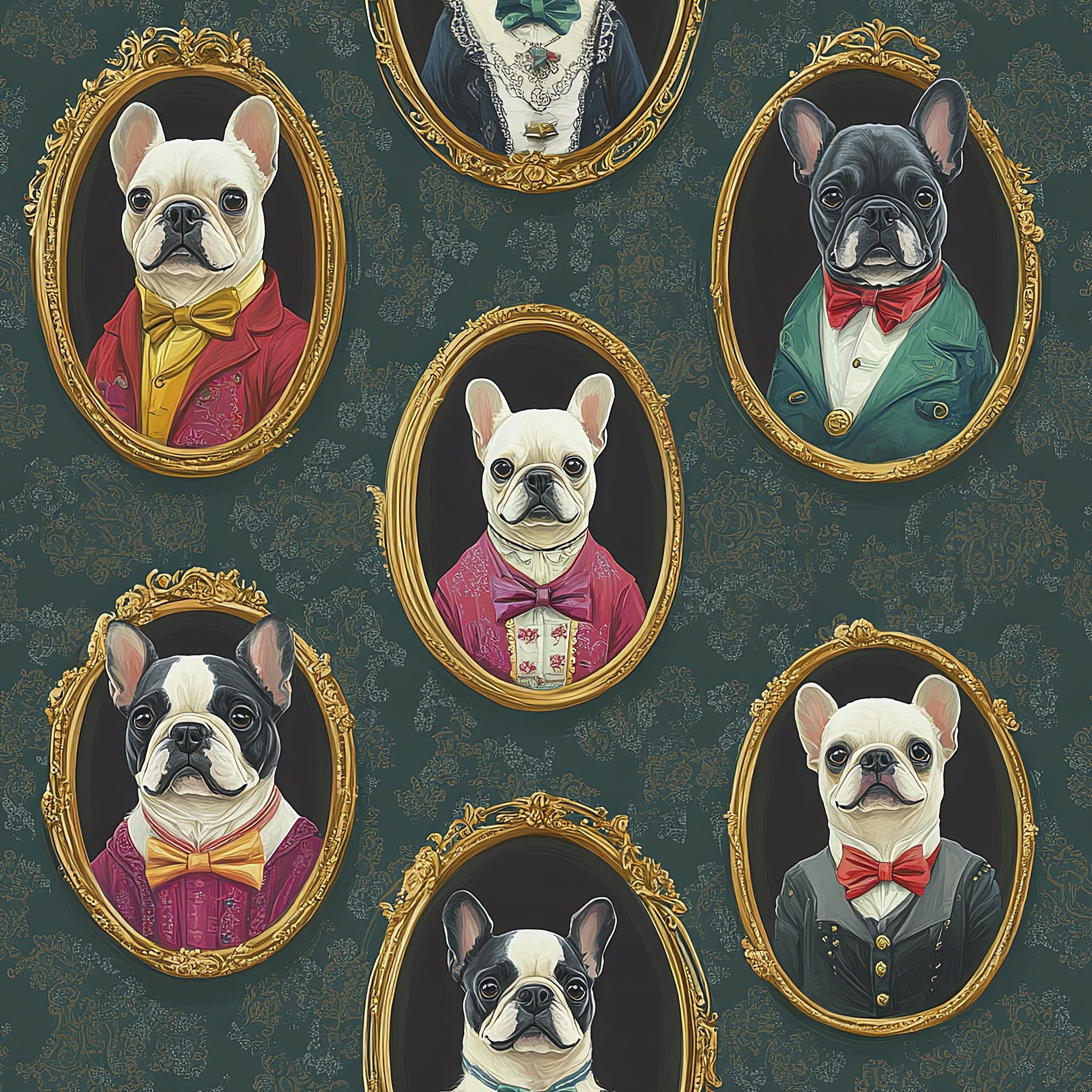 Whimsical Victorian wallpaper featuring stylish French Bulldogs in ornate frames, perfect for modern pet lovers.