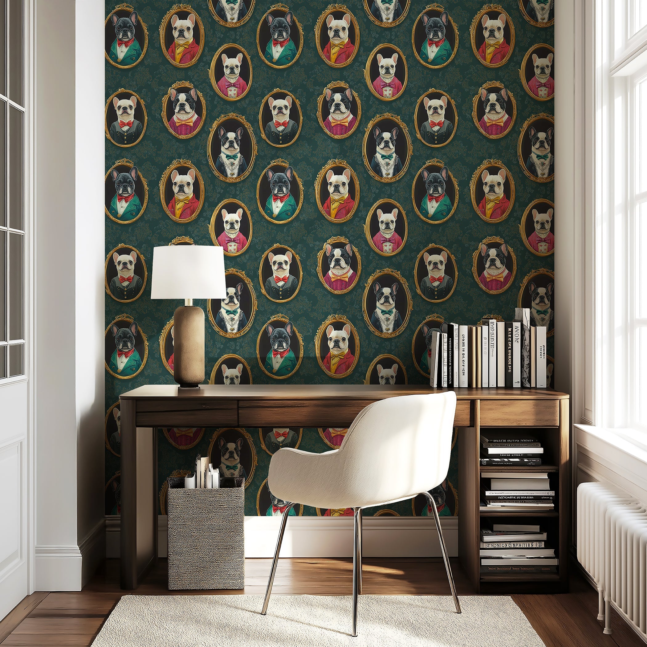 Victorian-style wallpaper featuring illustrated French Bulldogs in ornate frames, adding elegance to modern room decor.
