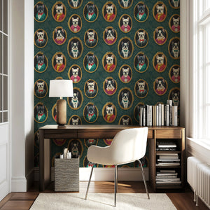Victorian-style wallpaper featuring illustrated French Bulldogs in ornate frames, adding elegance to modern room decor.