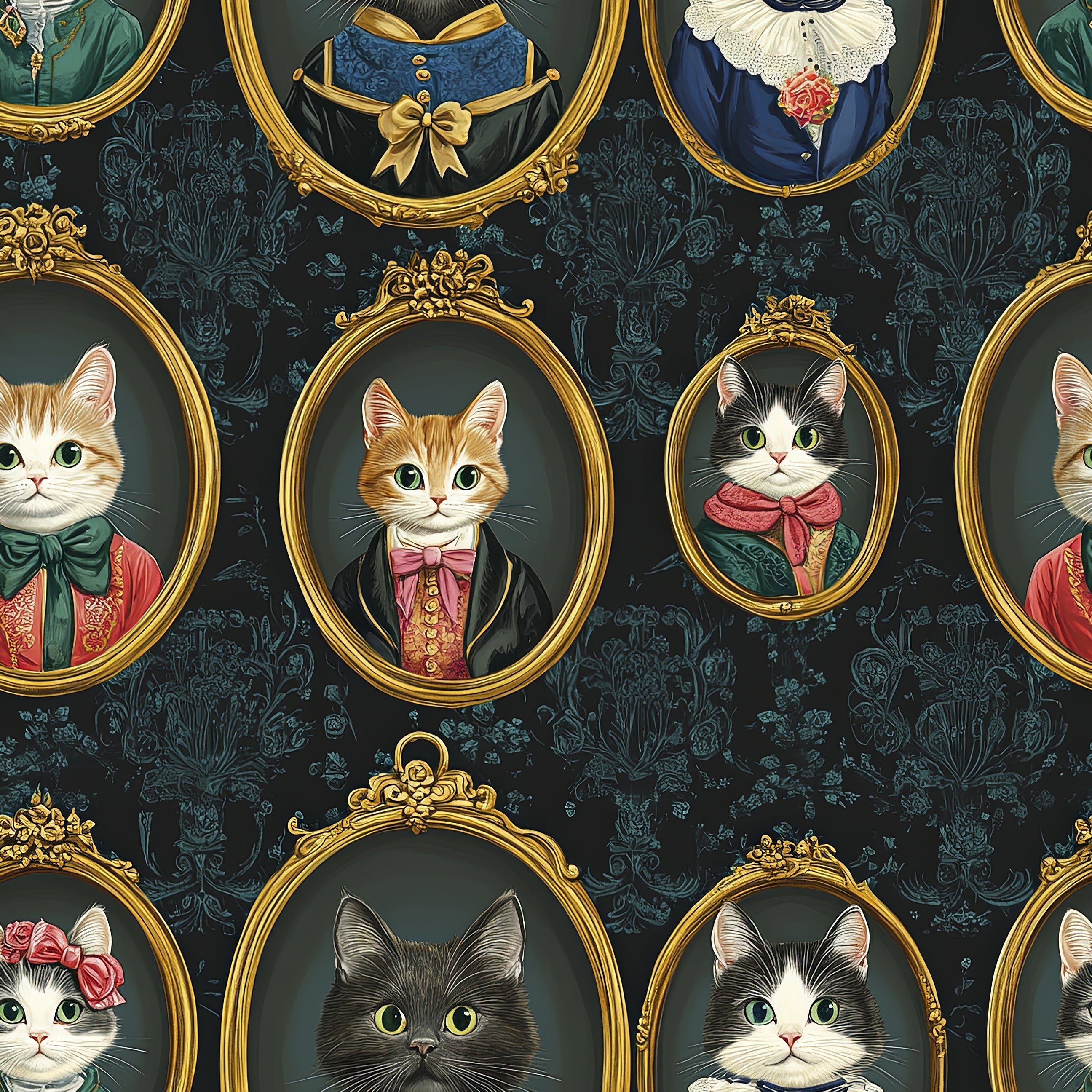 Victorian Cat Gallery II wallpaper featuring cats in elegant outfits in ornate frames, blending whimsical charm with modern art.