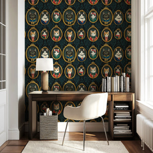 Victorian cat wallpaper featuring kittens in ornate frames, adding whimsical charm to modern interiors.