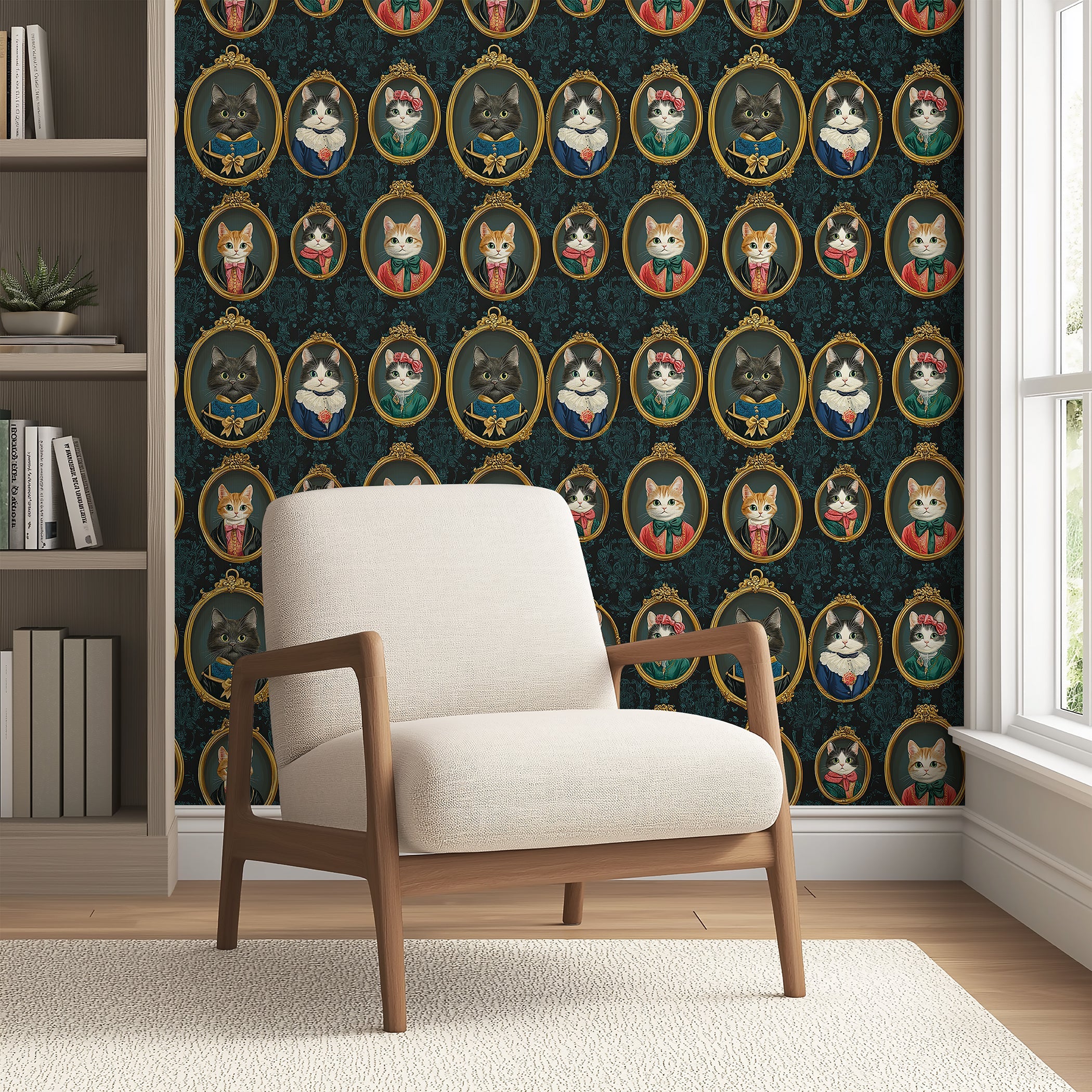 Whimsical Victorian cat wallpaper with elegant framed portraits, featuring adorable cats in modern art style.