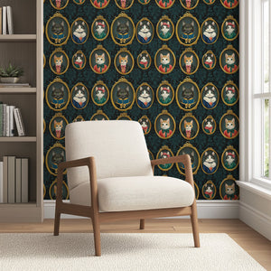 Whimsical Victorian cat wallpaper with elegant framed portraits, featuring adorable cats in modern art style.