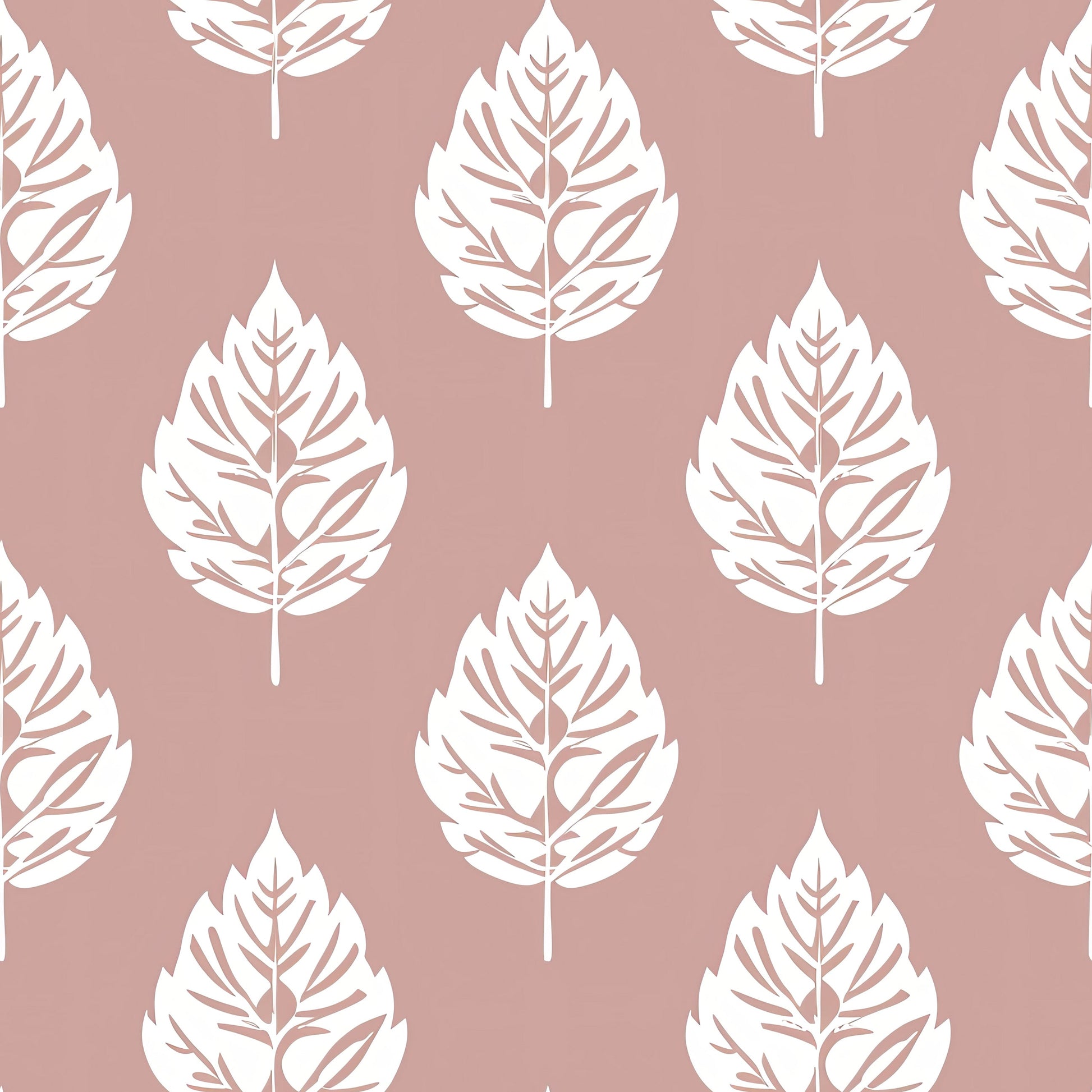 Blush Leaf wallpaper featuring white leaf silhouettes on a soft pink background, perfect for adding a contemporary botanical look.