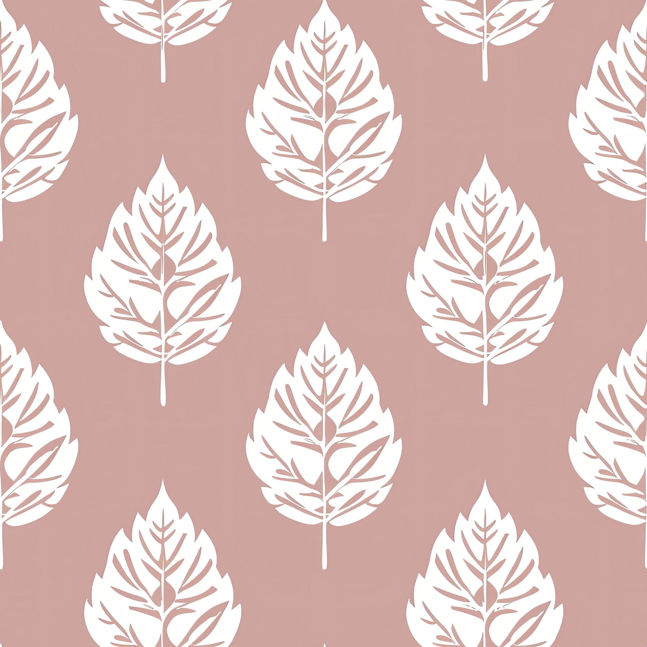 Blush Leaf wallpaper featuring white leaf silhouettes on a soft pink background, perfect for adding a contemporary botanical look.