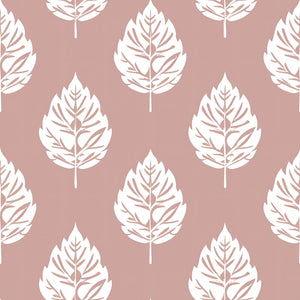 Blush Leaf wallpaper featuring white leaf silhouettes on a soft pink background, perfect for adding a contemporary botanical look.