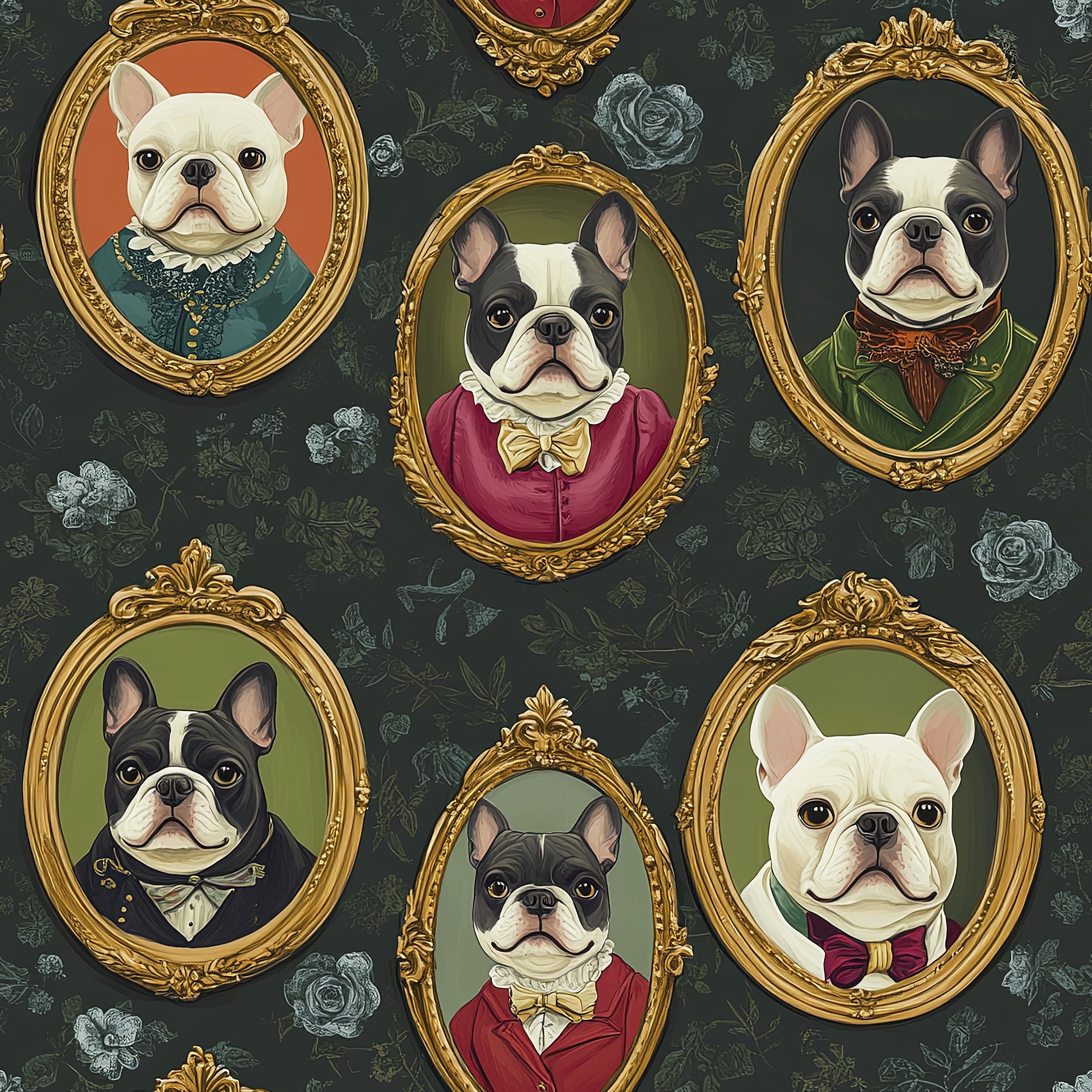 Victorian-style wallpaper featuring elegant French Bulldogs in ornate frames, ideal for pet-friendly modern decor.