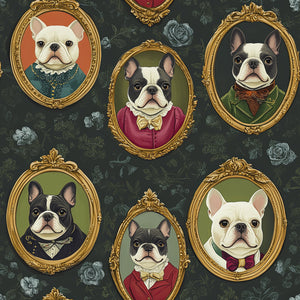 Victorian-style wallpaper featuring elegant French Bulldogs in ornate frames, ideal for pet-friendly modern decor.