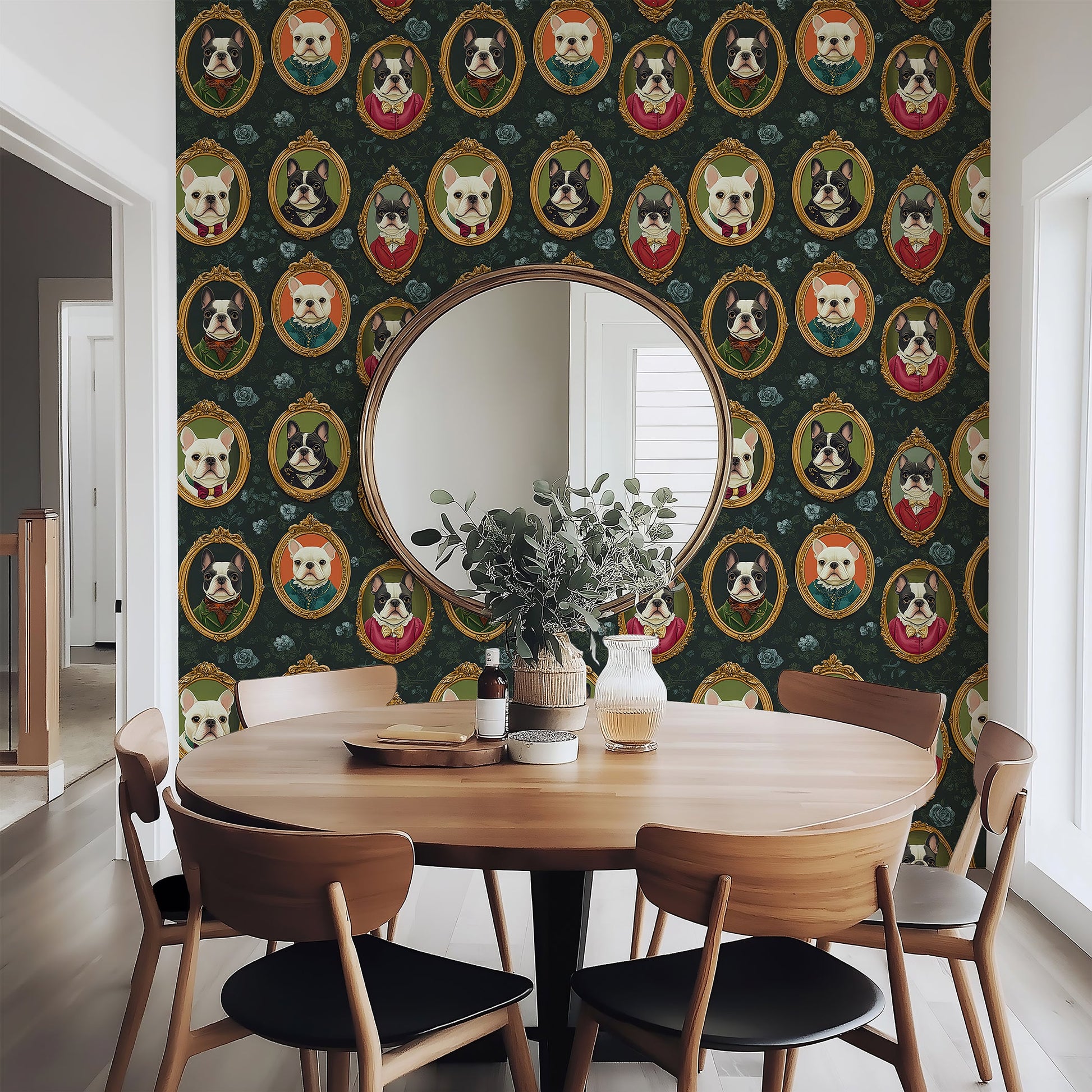 Victorian French Bulldogs wallpaper in a dining room, featuring elegant portraits of dogs in vibrant colors.