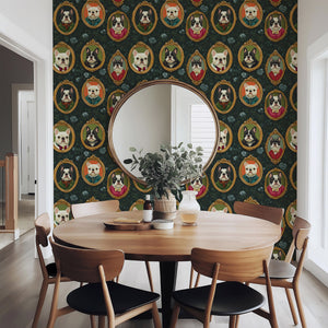 Victorian French Bulldogs wallpaper in a dining room, featuring elegant portraits of dogs in vibrant colors.